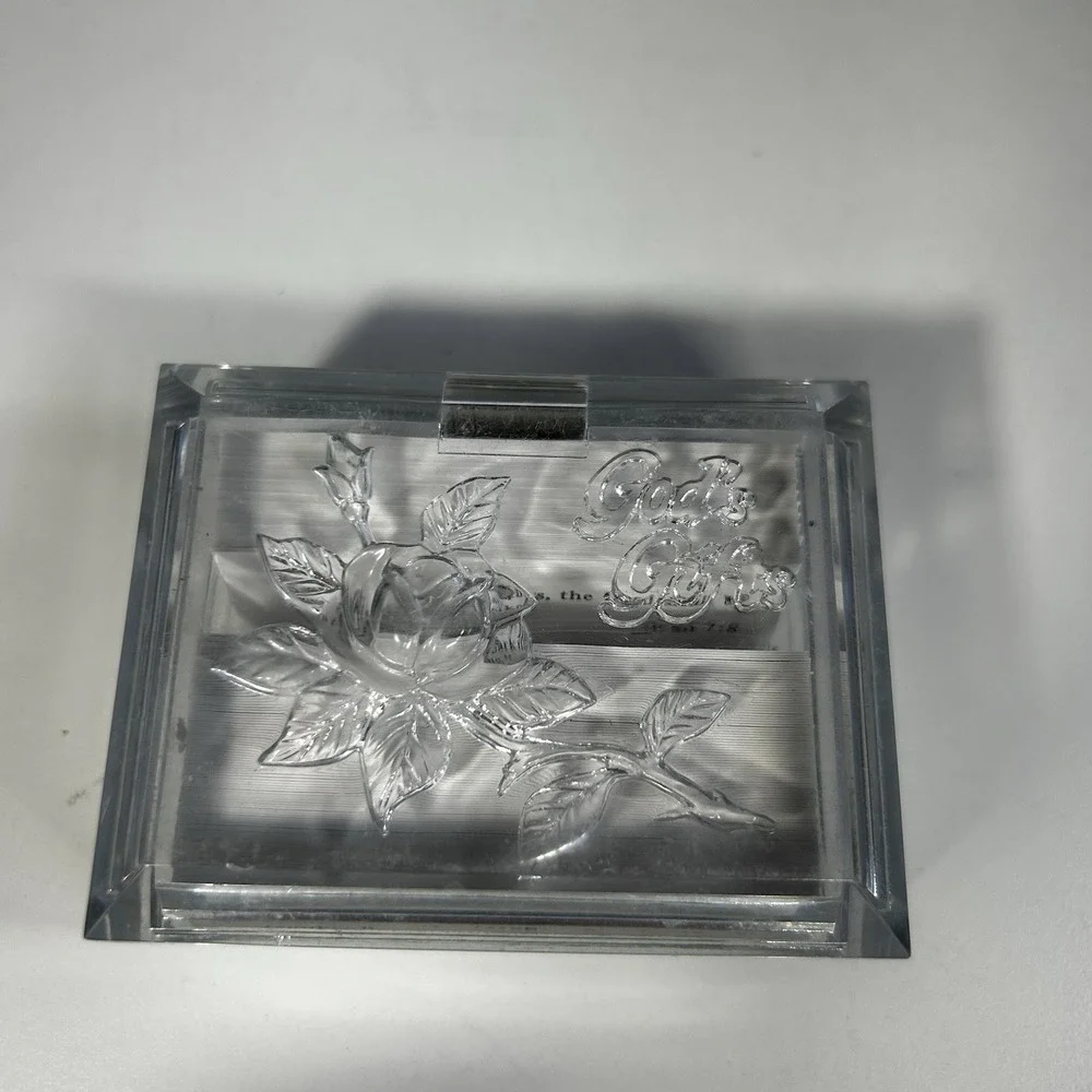 Vintage Warner Press Lucite Scripture Box Clear Rose Floral Hong Kong Gifts